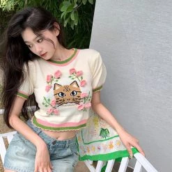 Juwas Flower Tiger Embroidery Short Sleeve Tops NEW ARRIVAL