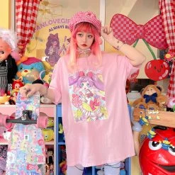 Juwas Sweet Animal Girl Print Loose Pink T-shirt