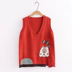 Juwas College Style Kitty Embroidery Vest CLOTHING