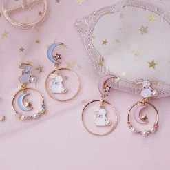 -Juwas Cute Mismatched Bunny And Moon Earrings