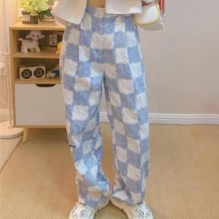 Juwas NEW ARRIVAL Harajuku Street Blue Checkered Loose Pants