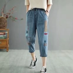 Juwas Retro Embroidery Loose Elastic Waist Jean NEW ARRIVAL
