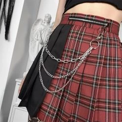 Juwas Gothic Streetwear Red Plaid Patchwork Pleated Mini Skirt CLOTHING