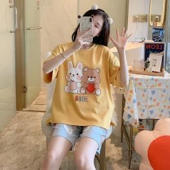 Juwas NEW ARRIVAL Bear And Rabbit Print Summer Cotton Pajamas Set