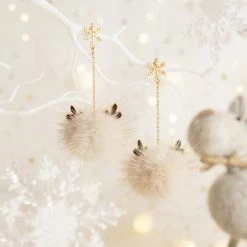 Juwas Cute PomPom Reindeer Dangle Earrings