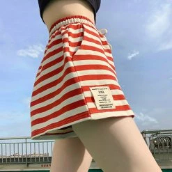 Juwas Red Strip Cotton Loose Shorts