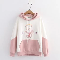 Juwas Rainbow Rabbit Print Pocket Warm Hoodie CLOTHING