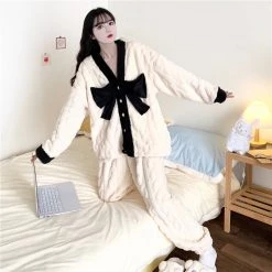 Juwas Chic Big Front Bow Plush Pajama Set