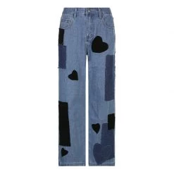 Juwas NEW ARRIVAL Vintage Hearts Patch Faded Denim Pants