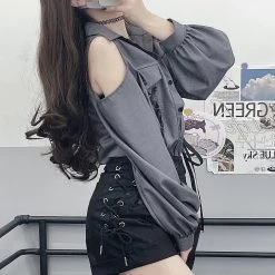 Juwas NEW ARRIVAL Vintage Lace Up Off-The-Shoulder Streetwear Shirt
