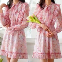 Juwas CLOTHING Vintage Floral Ruffle Chiffon Dress