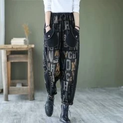 Juwas Letter Printed Faded Elasticity Waist Jeans