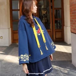 -Juwas Koi Fish Print Tassel Detail Loose Hoodie NEW ARRIVAL