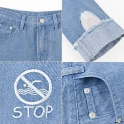 Juwas Kawaii “Stop” Embroidered Denim Mom Jeans