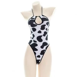 Juwas Kawaii Cow Pattern Print Halter Onesie Lingerie CLOTHING