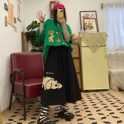 Juwas NEW ARRIVAL Puppy Embroidery High Waist A-line Skirt
