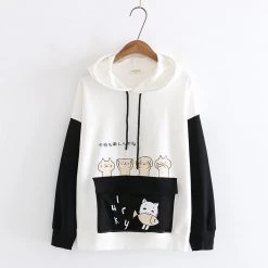 Juwas Cartoon Cat Japanese Letter Print Hoodie