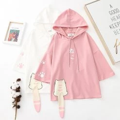 Juwas Cute Cat Tail Drawstring Hooded T-shirt