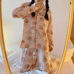 Juwas Sweet Plum Peach Print Long Sleeve Pajama Set CLOTHING