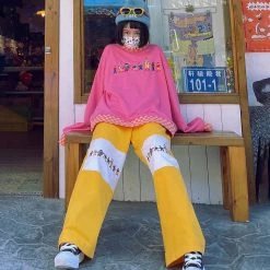 Juwas Cartoon Characters Print Yellow Sweatpants NEW ARRIVAL