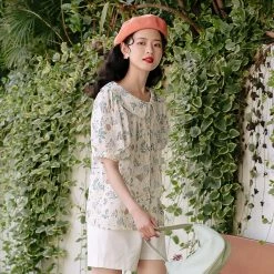 Juwas Floral Print Doll Collar Chiffon Shirt NEW ARRIVAL