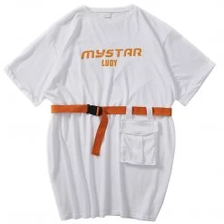 Juwas NEW ARRIVAL Letters Printed Loose T-shirt With Belt And Pocket
