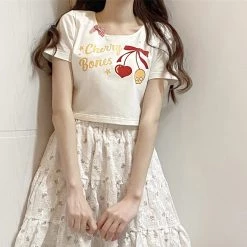Juwas NEW ARRIVAL Sweet Cherry Print Cotton Short T-shirt