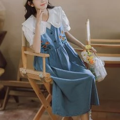 Juwas NEW ARRIVAL Japanese Doll Collar Floral Embroidery Loose Denim Dress