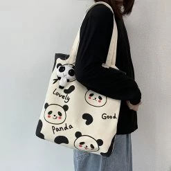 Juwas HOME&LIFESTYLE Lovely Black Panda Canvas Tote Bag