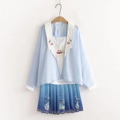 Juwas Japanese Deep Blue Sea Collared Kimono And Skirt Set