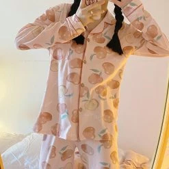Juwas Sweet Plum Peach Print Long Sleeve Pajama Set CLOTHING
