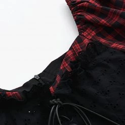 Juwas Vintage Red Plaid Vest Puff Sleeve Mini Dress NEW ARRIVAL