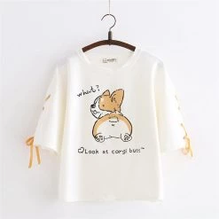 Juwas.com Online Store NEW ARRIVAL Kawaii Girls' Corgi Print Laced Sleeves Soft T-shirt Top