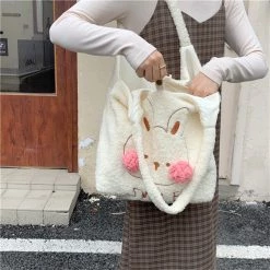 Juwas Cute Bunny Blush Pom Pom Plush Tote Bag