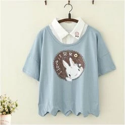 Juwas.com Online Store NEW ARRIVAL Rabbit I Love It Print Fake Two-Piece T-shirt