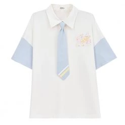 Juwas NEW ARRIVAL Kawaii Drawing Two-Tone Long Polo Shirt