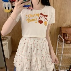 Juwas NEW ARRIVAL Sweet Cherry Print Cotton Short T-shirt