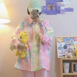 Juwas Vintage Tie-Dye Oversize Long Sleeve Shirt