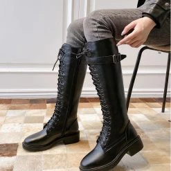 Juwas Chic Round Toe Knee High Lace Boots Shoes
