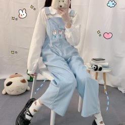 Juwas Kawaii Bunny Embroidered Overalls Jumper