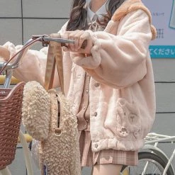 Juwas NEW ARRIVAL Cute Fuzzy Bear Embroidered Cotton Hooded Coat