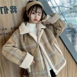 Juwas Vintage Plaid Warm Short Cotton Coat