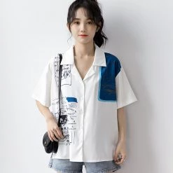 Juwas NEW ARRIVAL Vintage Print Chiffon Short Sleeve Shirt