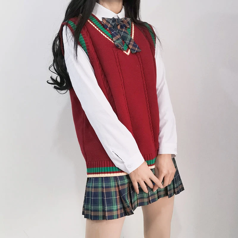 Juwas Chic Red School Girl Knitted Vest Sweater 5 Juwas Chic Red School Girl Knitted Vest Sweater