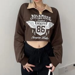 Juwas Punk Rock Brown Crop Top Sweatshirt NEW ARRIVAL