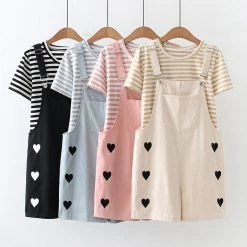 Juwas Side Hearts Overalls And Striped Shirt Set