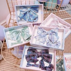Juwas Plaid Bowknot Hair Clip Collect Box ACCESSORIES
