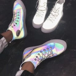 Juwas.com Online Store NEW ARRIVAL Korean Pop Reflective Rainbow Silver Sneakers Shoes