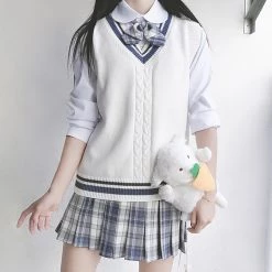 Juwas Basic White Striped School Vest Sweater CLOTHING
