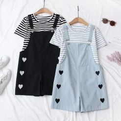 Juwas Side Hearts Overalls And Striped Shirt Set